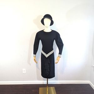 1980s Louis Feraud Navy Wool Day Dress / Extra Small